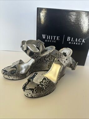 White House Black Market Snake-Print Wedge Sandals in Black & White